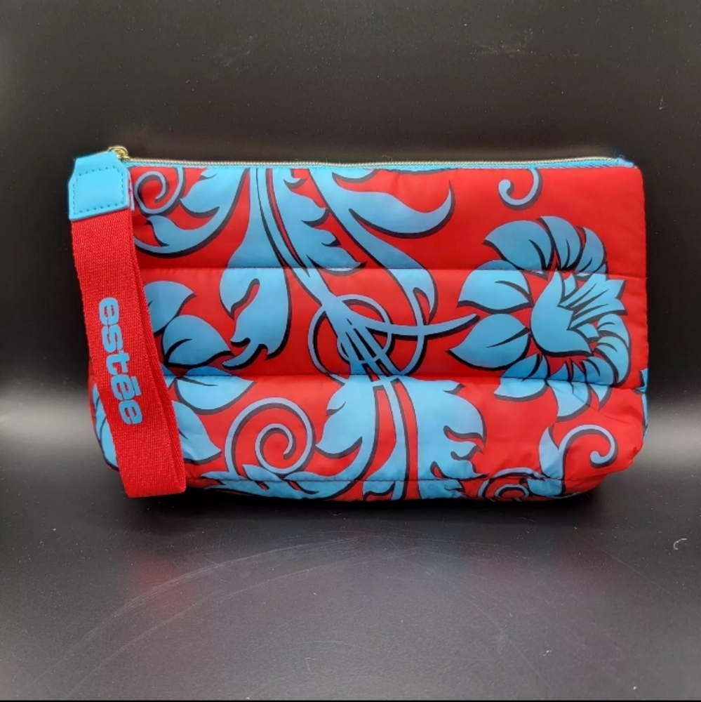 Estee Lauder Recycled Puffer Makeup Bag Travel Red & Blue Nylon Zip